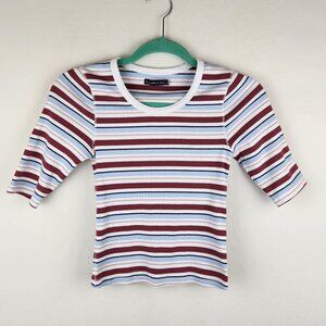Abercrombie & Fitch Striped Ribbed Elbow Sleeve Tee Red White Blue sz S